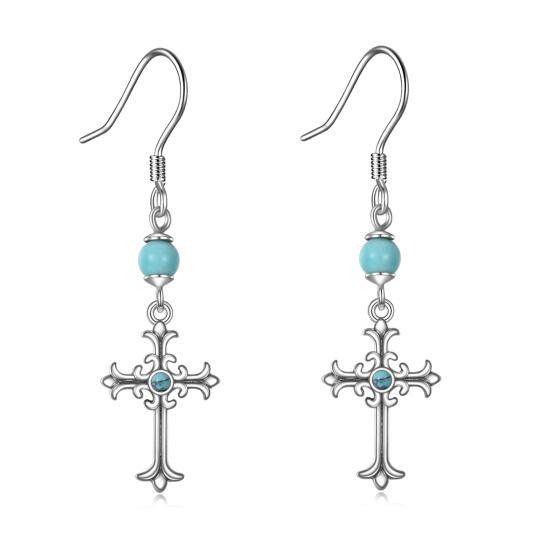 Sterling Silver Circular Shaped Turquoise Cross Drop Earrings