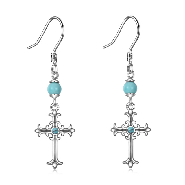 Sterling Silver Circular Shaped Turquoise Cross Drop Earrings-1