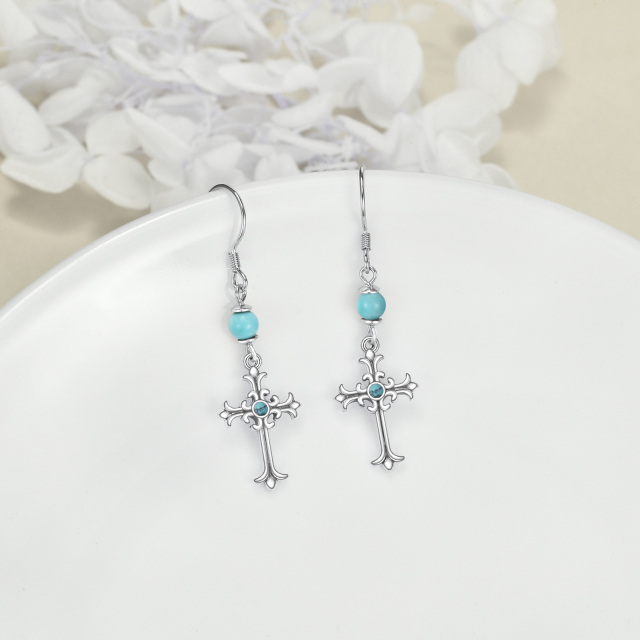 Sterling Silver Circular Shaped Turquoise Cross Drop Earrings-3