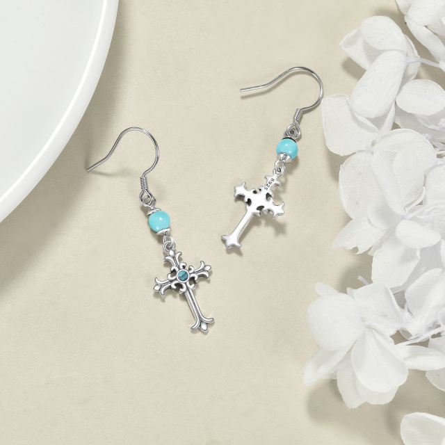 Sterling Silver Circular Shaped Turquoise Cross Drop Earrings-4