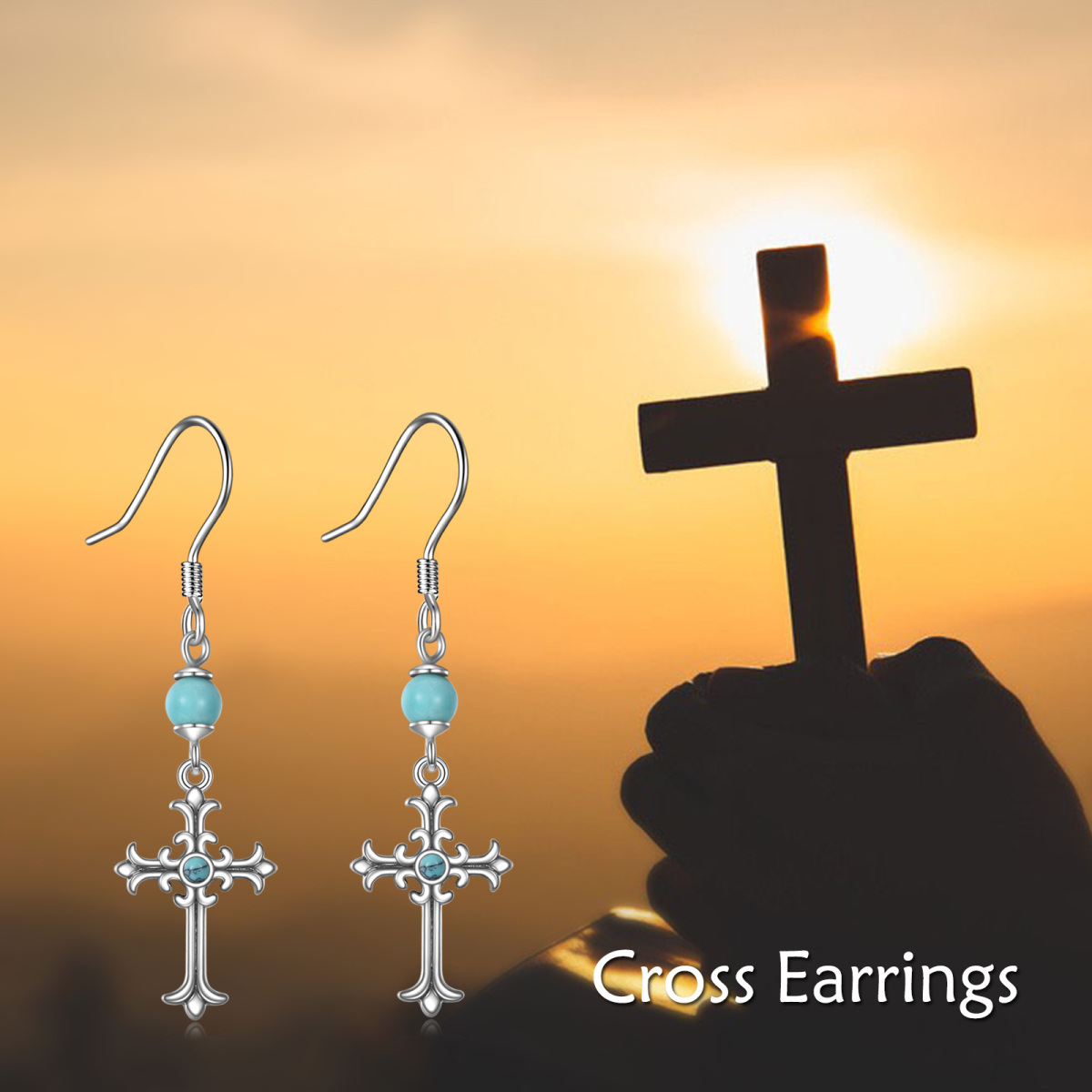 Sterling Silver Circular Shaped Turquoise Cross Drop Earrings-6