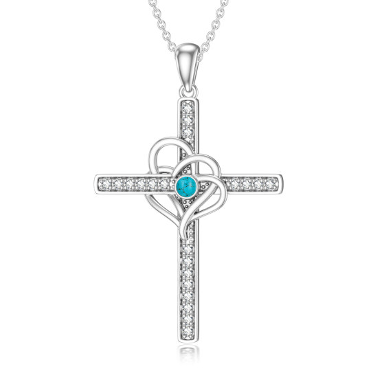 Sterling Silver Circular Shaped Turquoise Cross & Heart Pendant Necklace