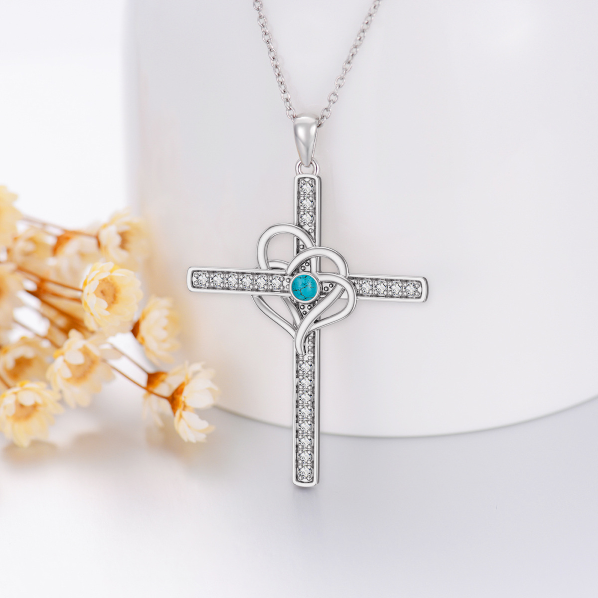 Collier en argent sterling avec pendentif croix et coeur en turquoise de forme circulaire-3