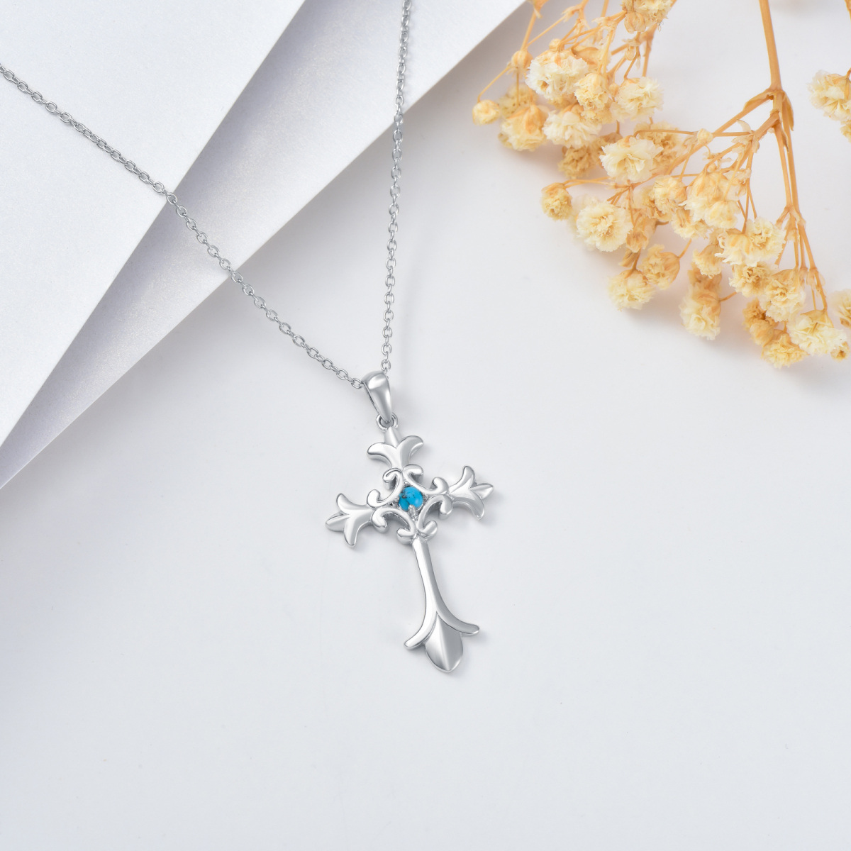 Collier en argent sterling avec pendentif croix en turquoise de forme circulaire-3