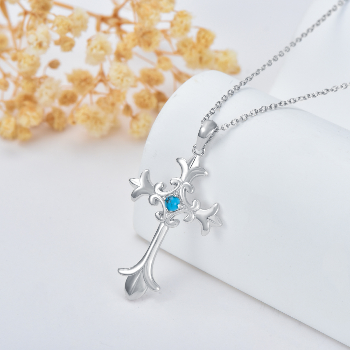 Collier en argent sterling avec pendentif croix en turquoise de forme circulaire-4