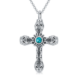 Sterling Silver Circular Shaped Turquoise Cross Urn Necklace for Ashes-5