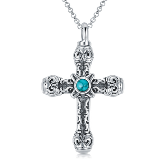 Sterling Silver Circular Shaped Turquoise Cross Urn Necklace for Ashes