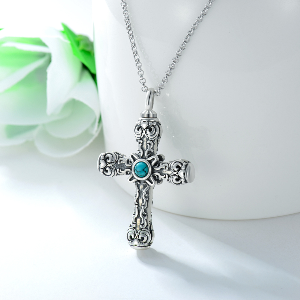 Sterling Silver Circular Shaped Turquoise Cross Urn Necklace for Ashes-3