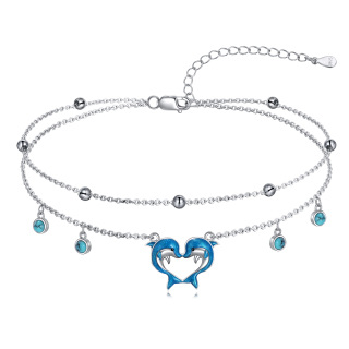 Sterling Silver Circular Shaped Turquoise Dolphin & Heart Multi-layered Anklet-20