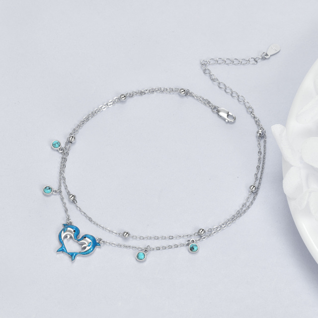 Sterling Silver Circular Shaped Turquoise Dolphin & Heart Multi-layered Anklet-3