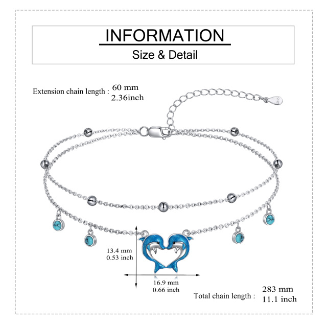 Sterling zilveren cirkelvormige turquoise dolfijn en hart enkelbandje met meerdere lagen-7