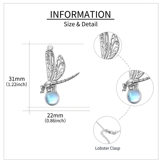 Colar com pingente de libélula em prata esterlina com forma circular de pedra da lua-5