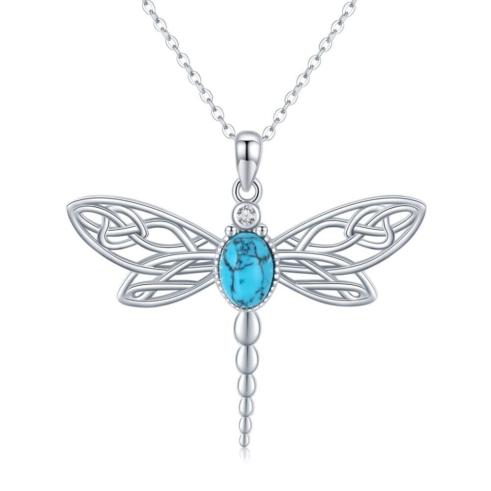 Collana con ciondolo a forma di circolare in argento sterling con zirconi e turchesi Dragonfly-1
