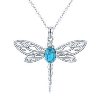 Sterling Silver Circular Shaped Cubic Zirconia & Turquoise Dragonfly Pendant Necklace-28