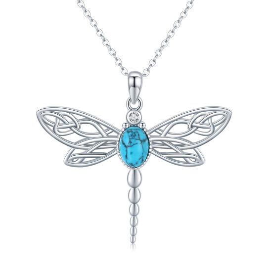 Sterling Silver Circular Shaped Cubic Zirconia & Turquoise Dragonfly Pendant Necklace