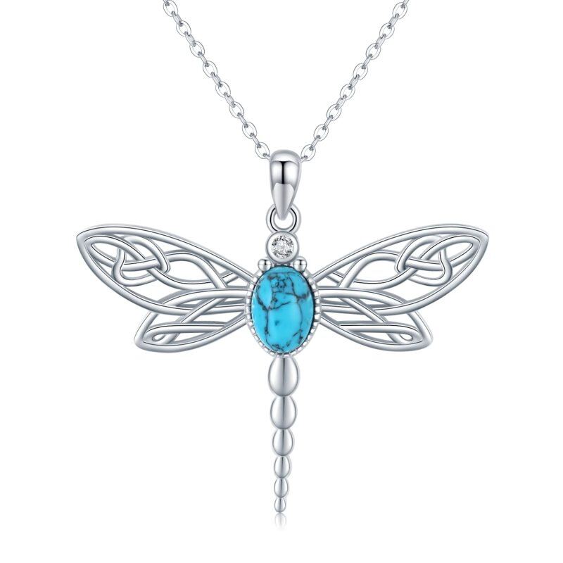 Sterling Silver Circular Shaped Cubic Zirconia & Turquoise Dragonfly Pendant Necklace-17