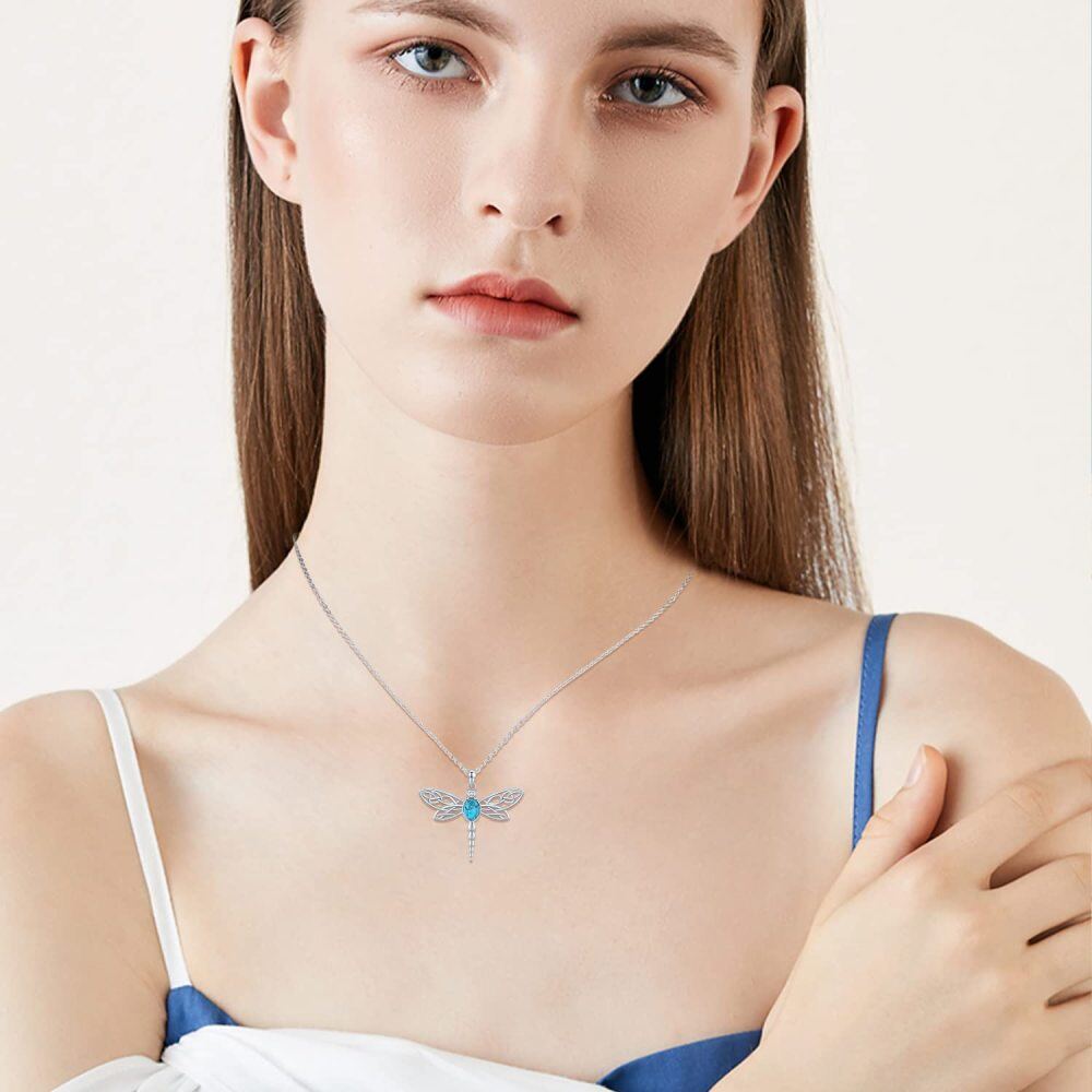 Collana con ciondolo a forma di circolare in argento sterling con zirconi e turchesi Dragonfly-3
