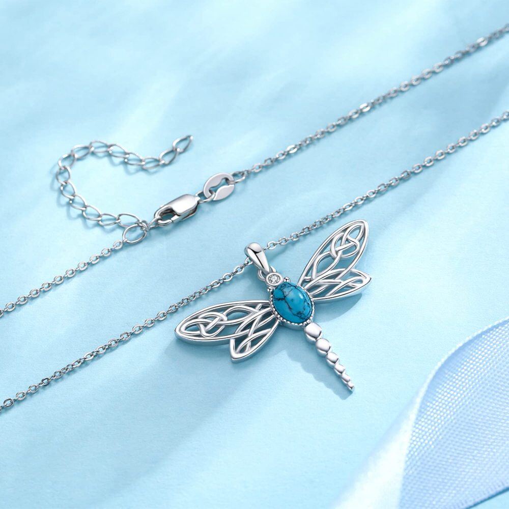 Collana con ciondolo a forma di circolare in argento sterling con zirconi e turchesi Dragonfly-4