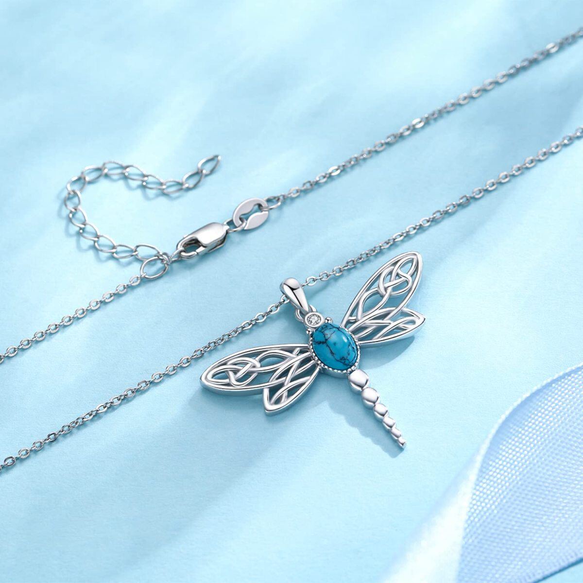 Sterling Silver Circular Shaped Cubic Zirconia & Turquoise Dragonfly Pendant Necklace-4