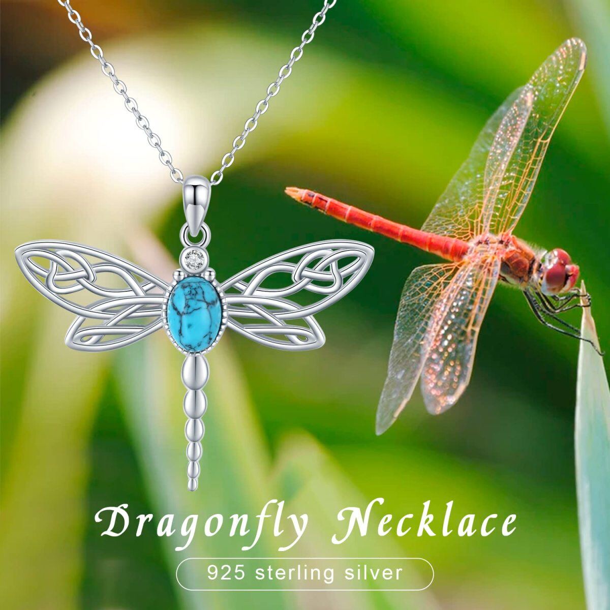 Sterling Silver Circular Shaped Cubic Zirconia & Turquoise Dragonfly Pendant Necklace-5