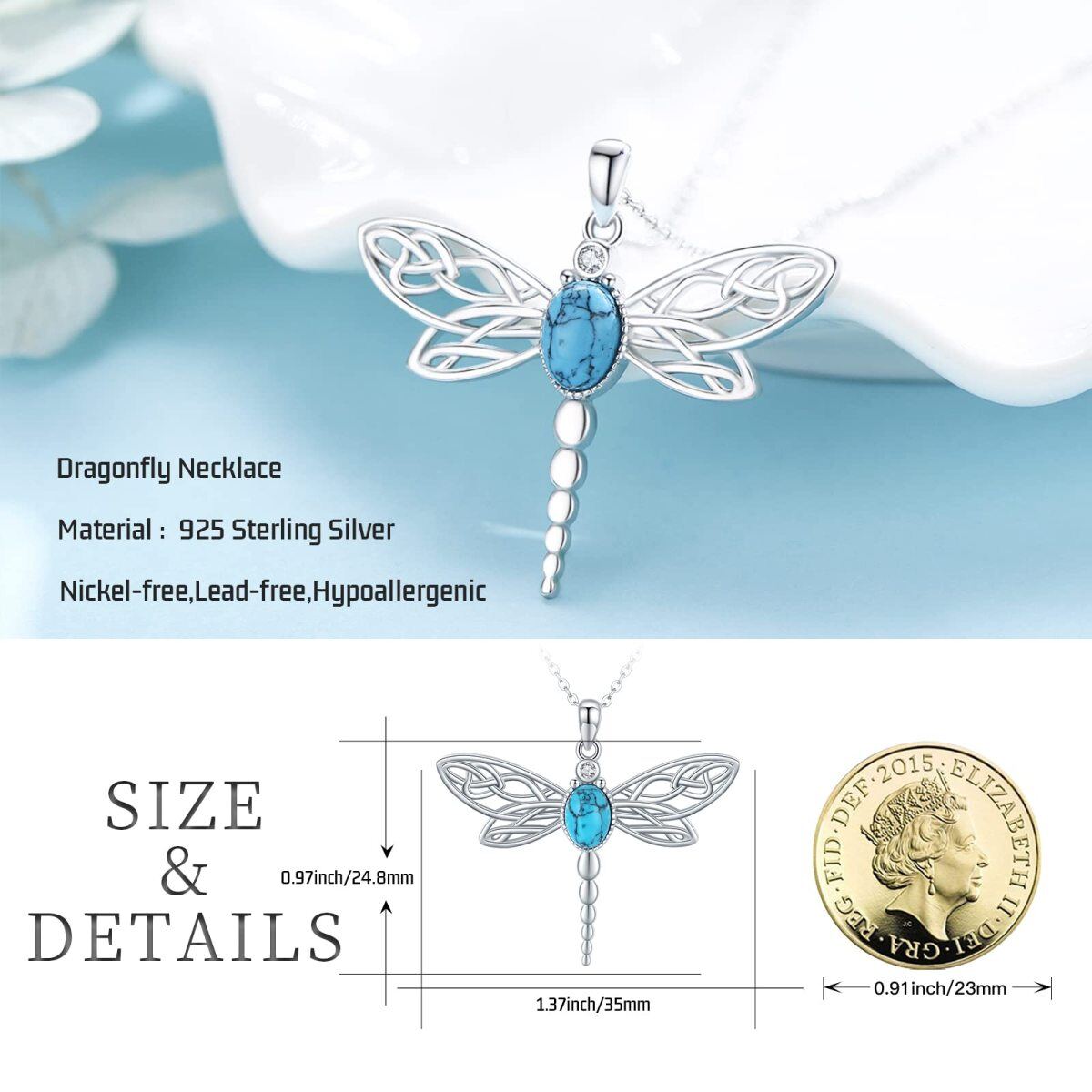 Sterling Silver Circular Shaped Cubic Zirconia & Turquoise Dragonfly Pendant Necklace-6