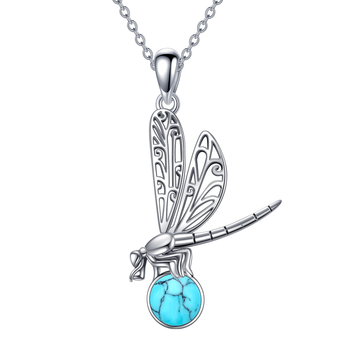 Sterling Silver Circular Shaped Turquoise Dragonfly Pendant Necklace-1