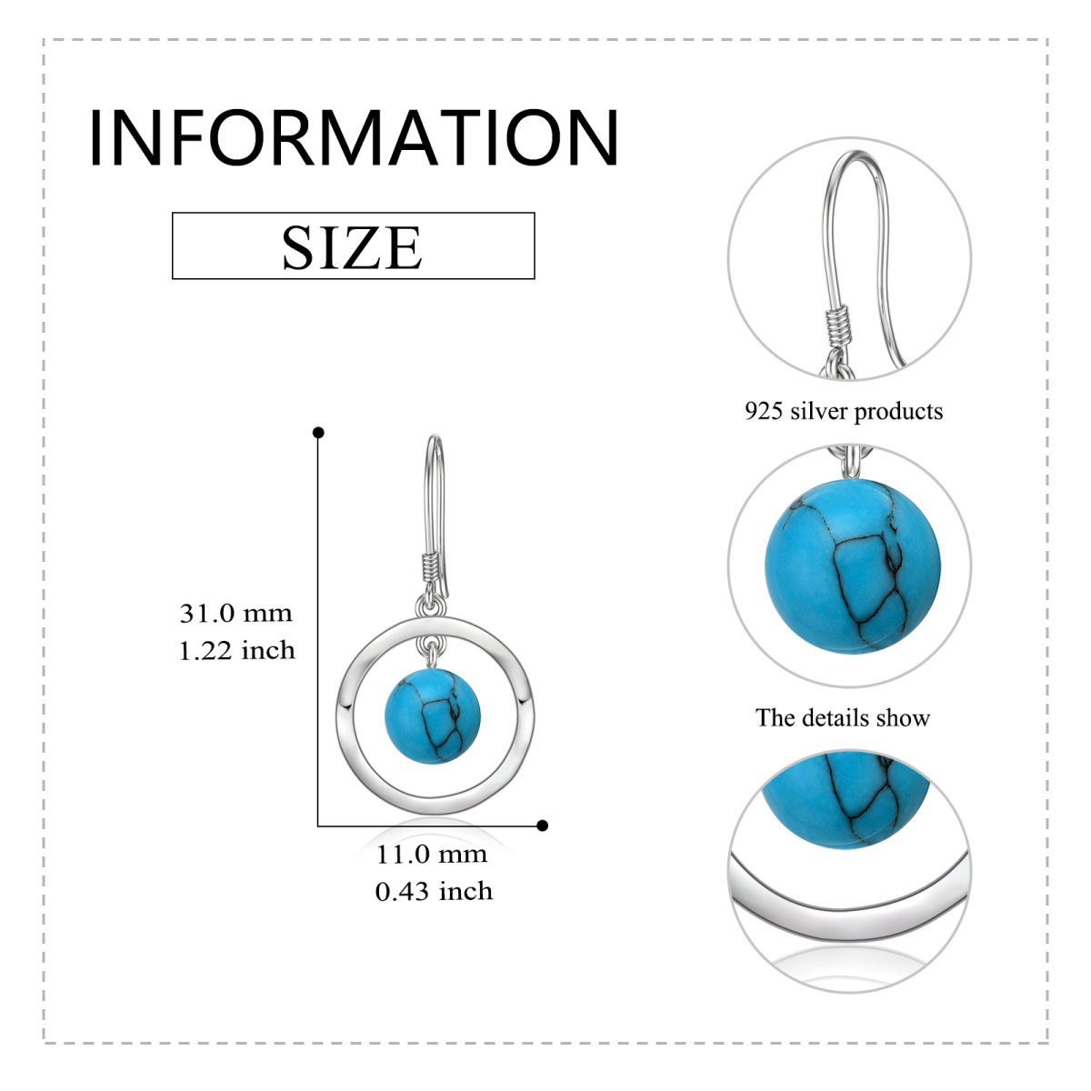 Pendientes de plata de ley con forma circular y gota de turquesa-5