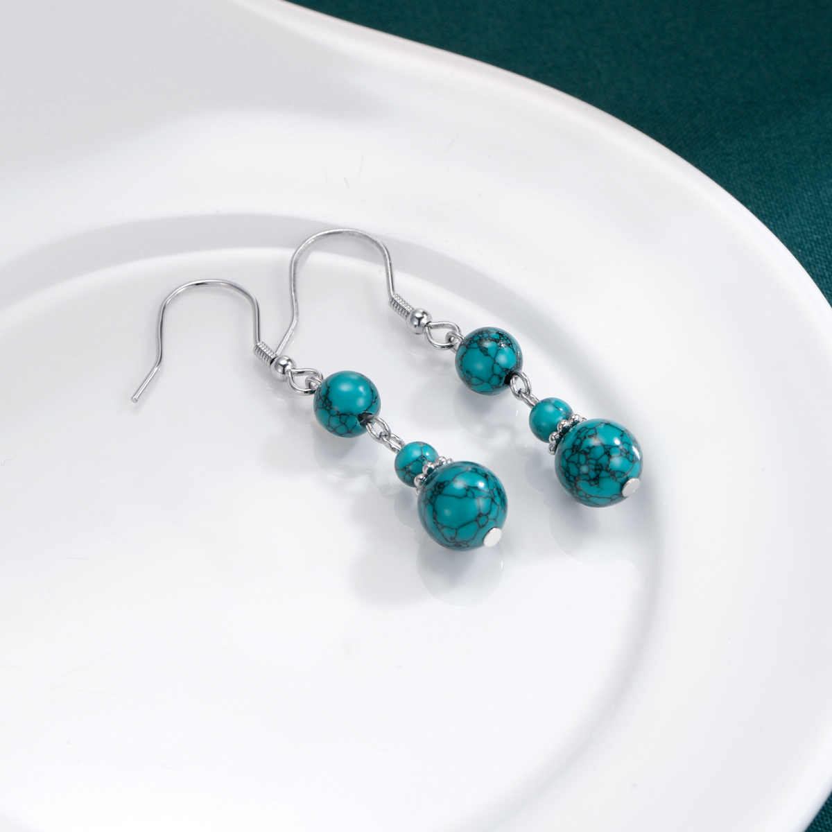 Sterling Silver Circular Shaped Turquoise Drop Earrings-4