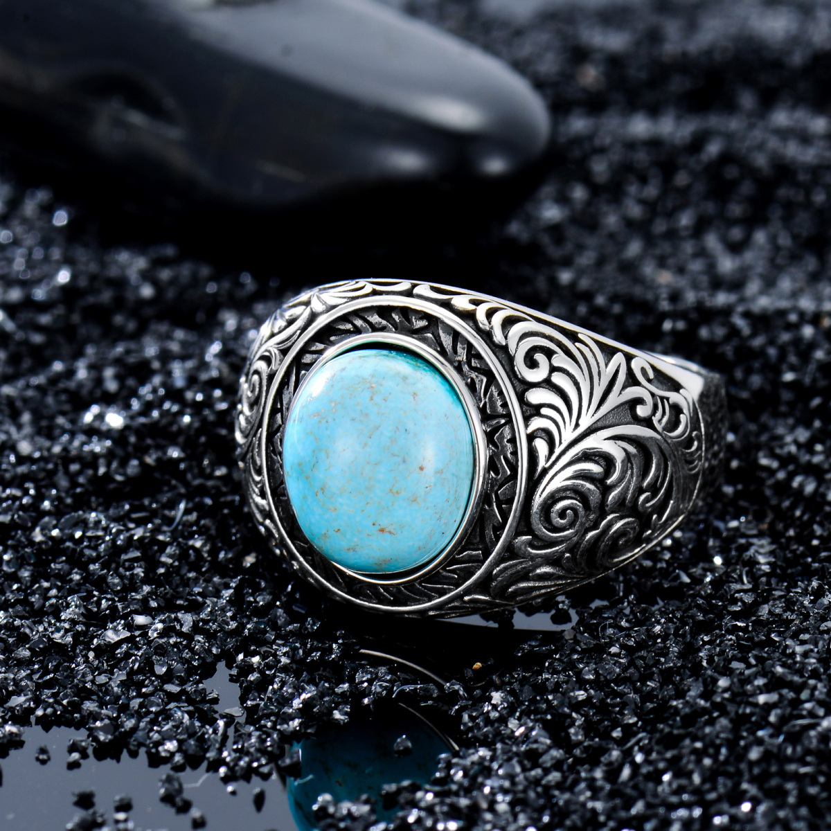 Bague père et fils en argent sterling avec turquoise de forme circulaire pour hommes-1