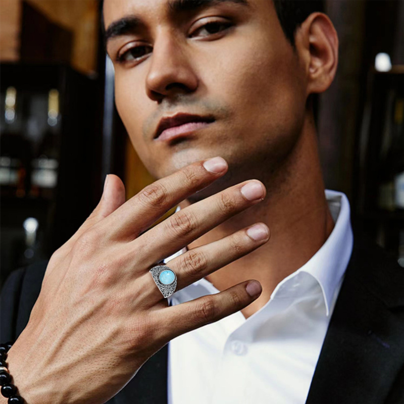 Sterling Silver Round Shaped Turquoise Father & Son Ring for Men-2