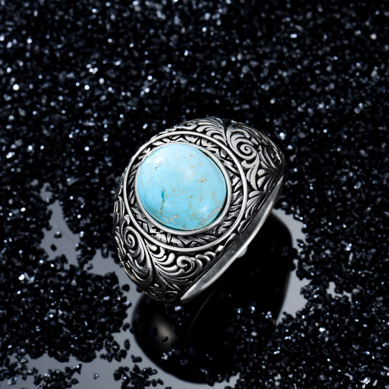 Sterling Silver Round Shaped Turquoise Father & Son Ring for Men-4