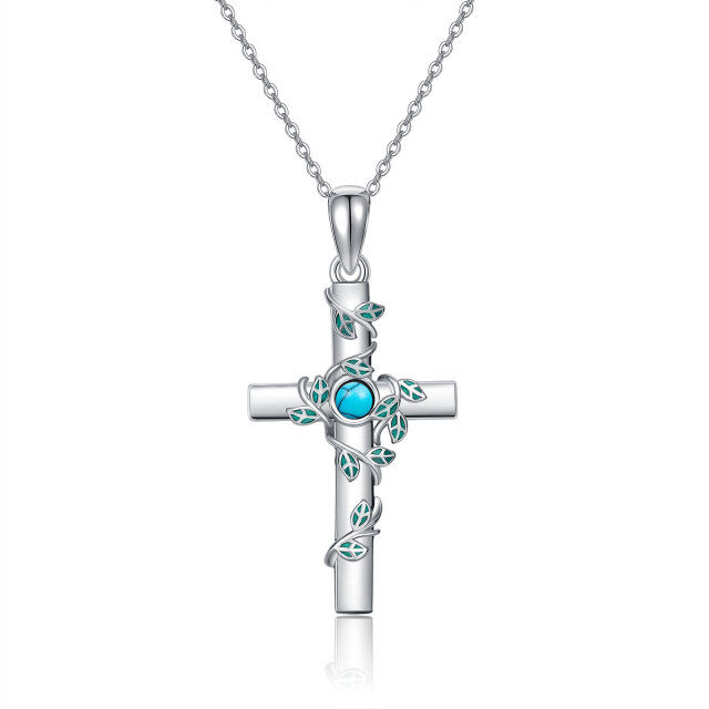 Collier en argent sterling avec pendentif lierre et croix en turquoise de forme circulaire-1