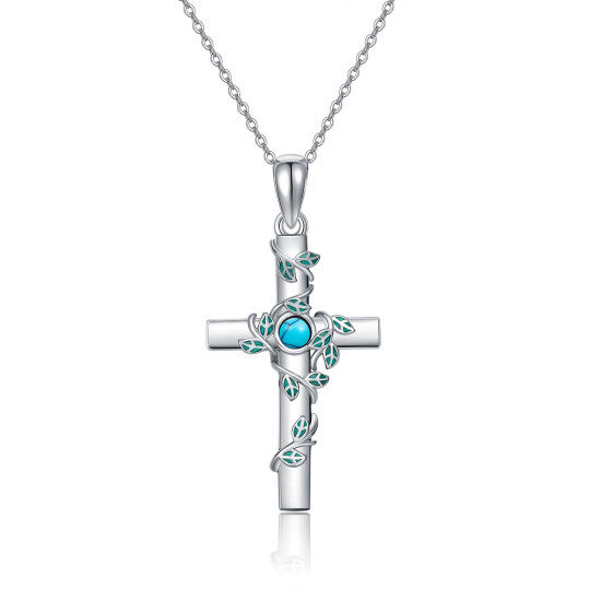 Sterling Silver Circular Shaped Turquoise Ivy & Cross Pendant Necklace