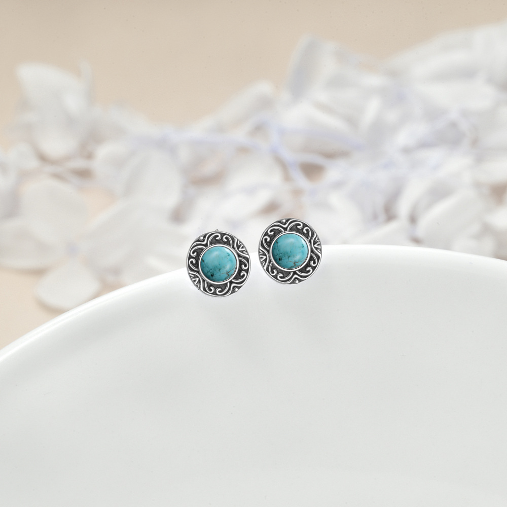 Sterling Silver Turquoise Circle Stud Earrings for Women-3
