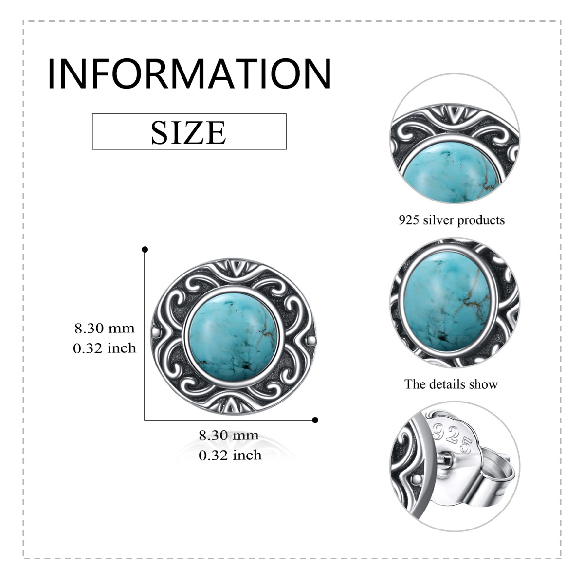 Sterling Silver Turquoise Circle Stud Earrings for Women-5