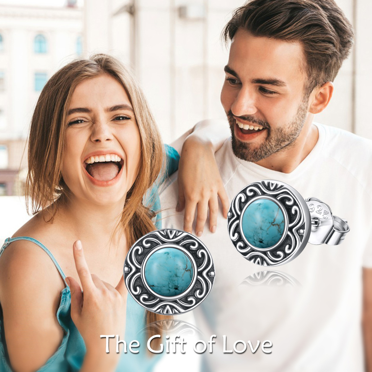 Sterling Silver Turquoise Circle Stud Earrings for Women-6