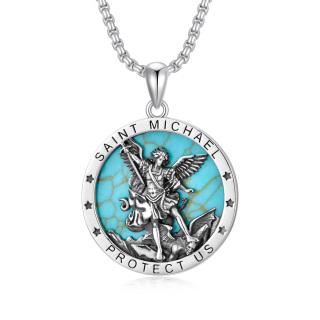 Sterling Silver Circular Shaped Turquoise Saint Michael Pendant Necklace with Engraved Word for Men-20