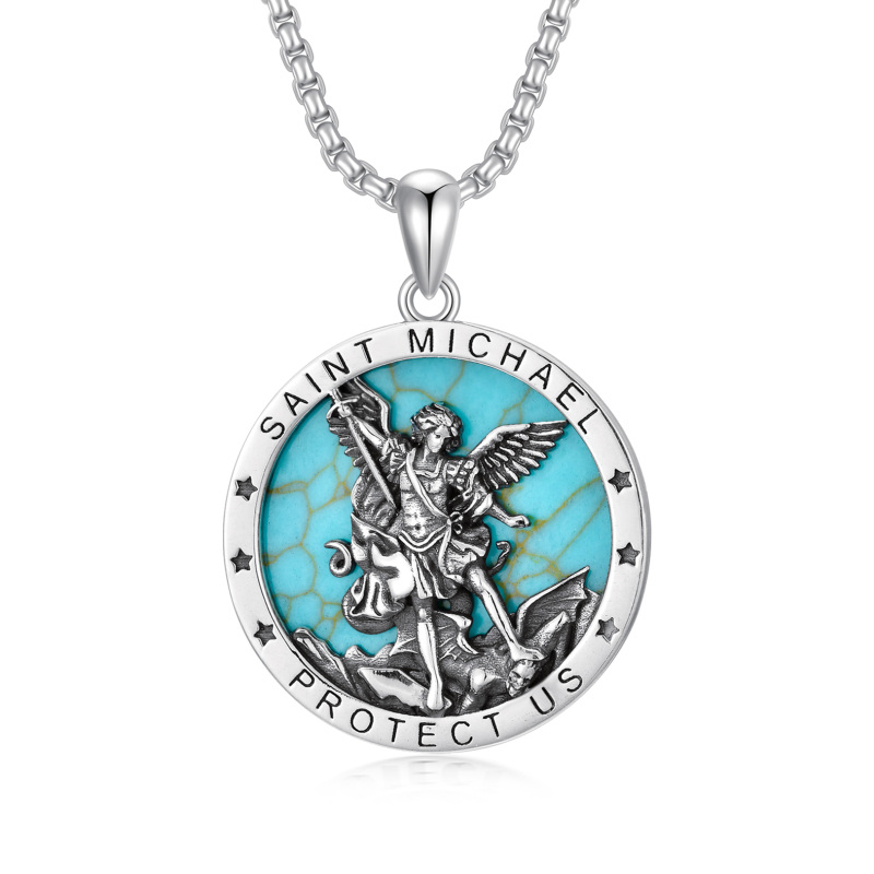 Sterling Silver Circular Shaped Turquoise Saint Michael Pendant Necklace with Engraved Word for Men