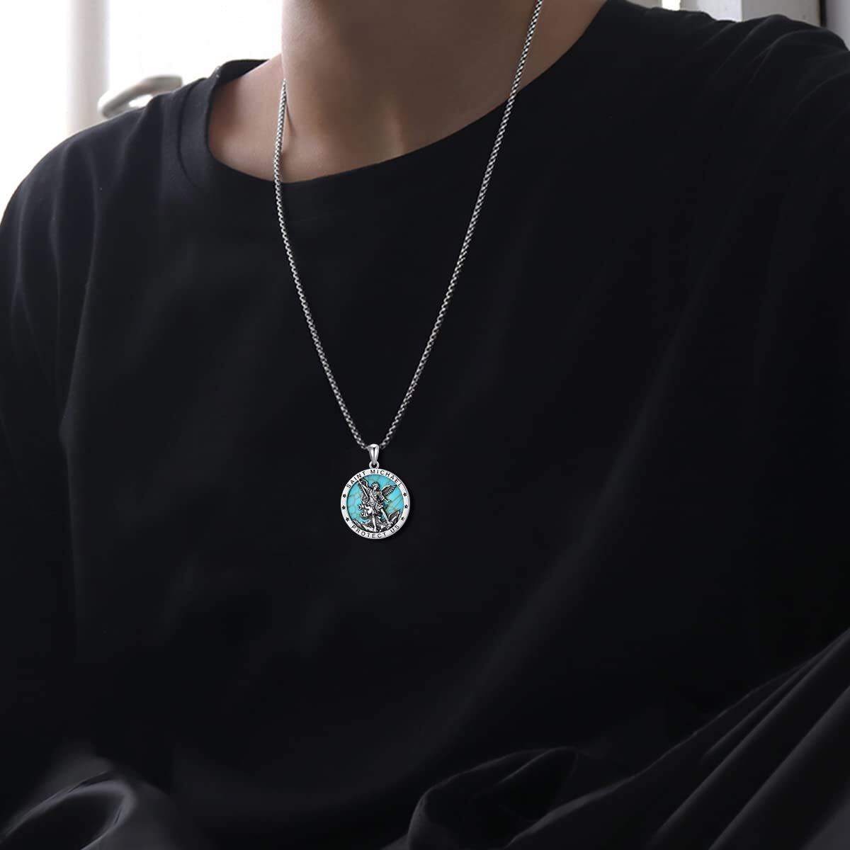 Sterling Silver Circular Shaped Turquoise Saint Michael Pendant Necklace with Engraved Word for Men-2