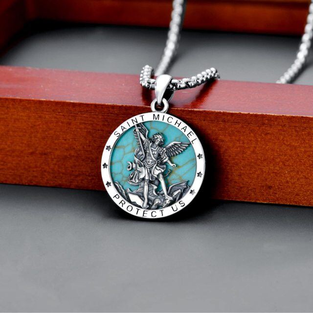 Sterling Silver Circular Shaped Turquoise Saint Michael Pendant Necklace with Engraved Word for Men-3