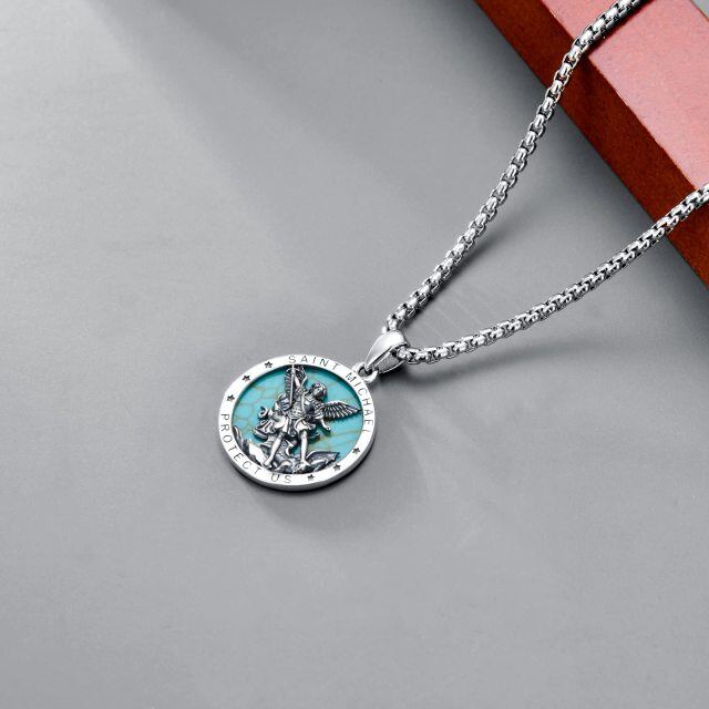 Sterling Silver Circular Shaped Turquoise Saint Michael Pendant Necklace with Engraved Word for Men-4