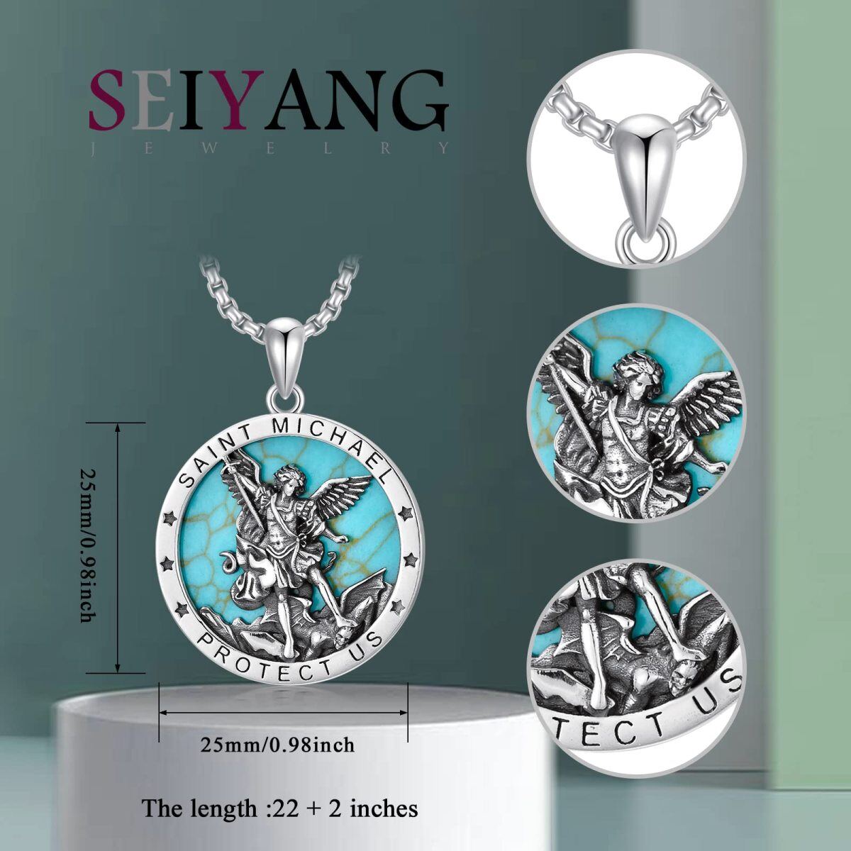 Sterling Silver Circular Shaped Turquoise Saint Michael Pendant Necklace with Engraved Word for Men-5