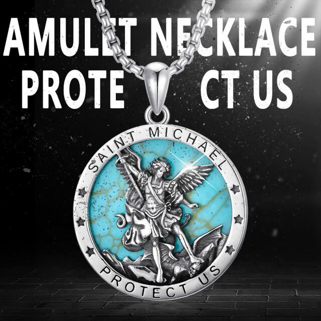 Sterling zilveren cirkelvormige turquoise Saint Michael hanger ketting met gegraveerd woord voor mannen-6