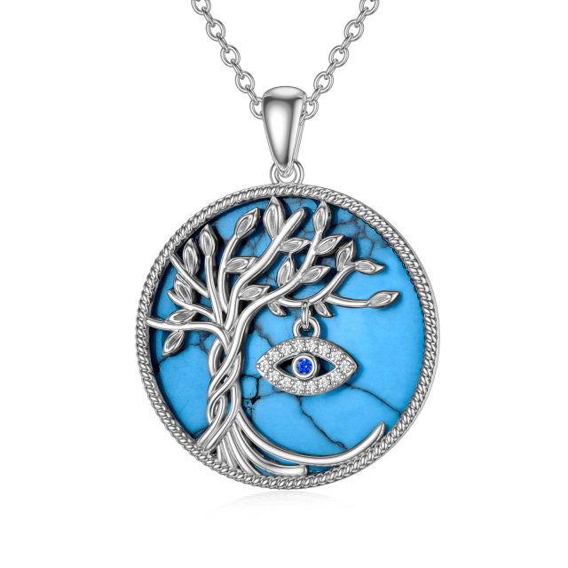 Sterling Silver Circular Shaped Turquoise Tree Of Life & Evil Eye Pendant Necklace-1