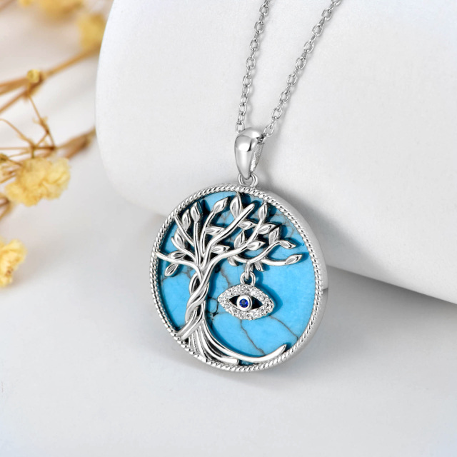 Sterling Silver Circular Shaped Turquoise Tree Of Life & Evil Eye Pendant Necklace-3