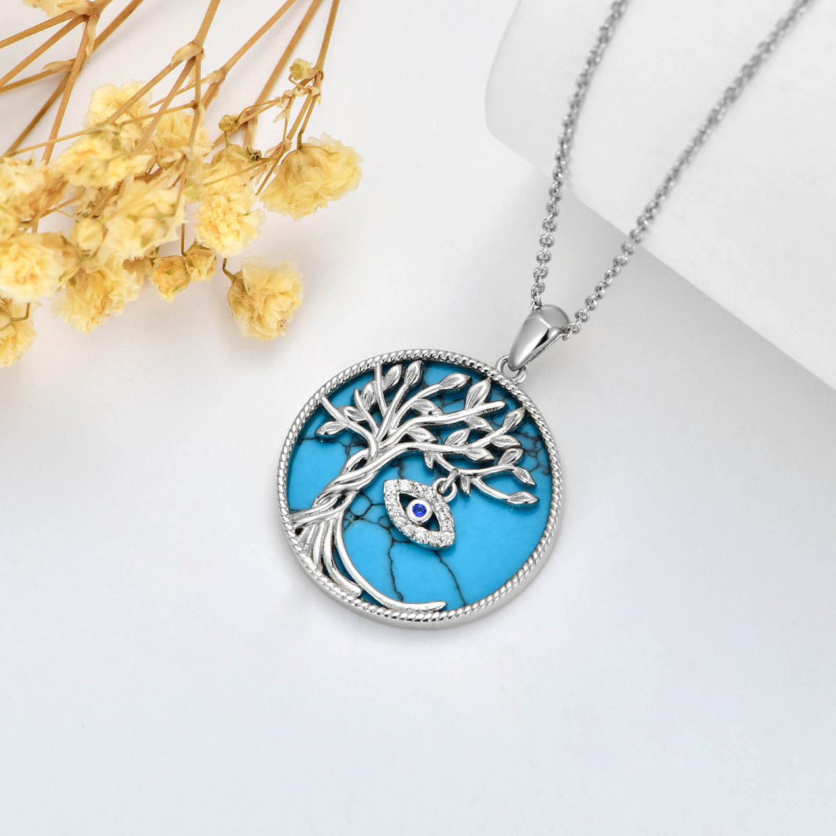 Sterling Silver Circular Shaped Turquoise Tree Of Life & Evil Eye Pendant Necklace-4