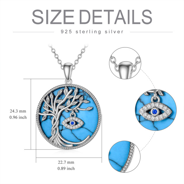 Sterling Silver Circular Shaped Turquoise Tree Of Life & Evil Eye Pendant Necklace-5