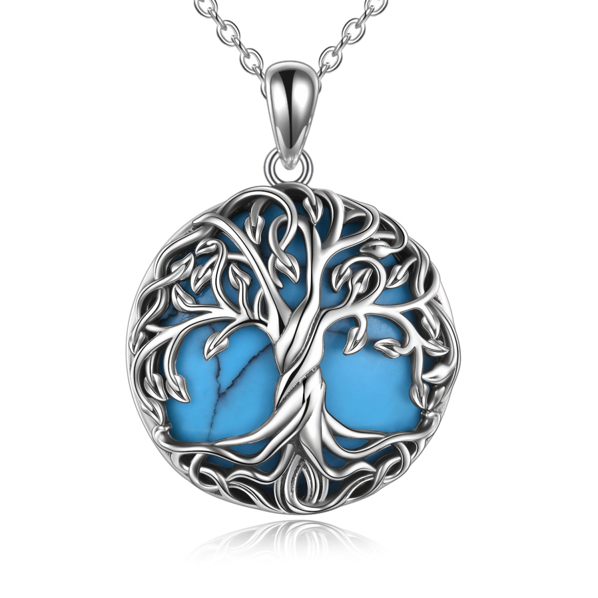 Sterling Silver Circular Shaped Turquoise Tree Of Life Pendant Necklace-1