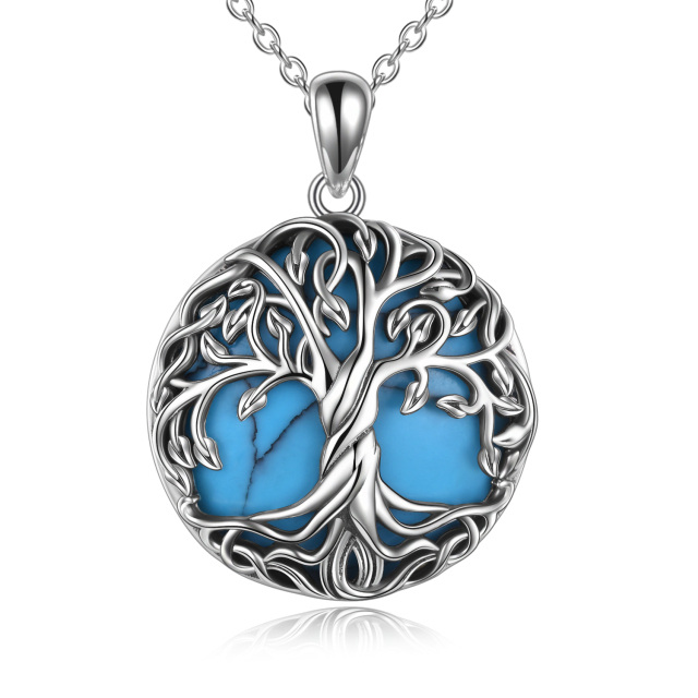 Sterling Silver Circular Shaped Turquoise Tree Of Life Pendant Necklace-1