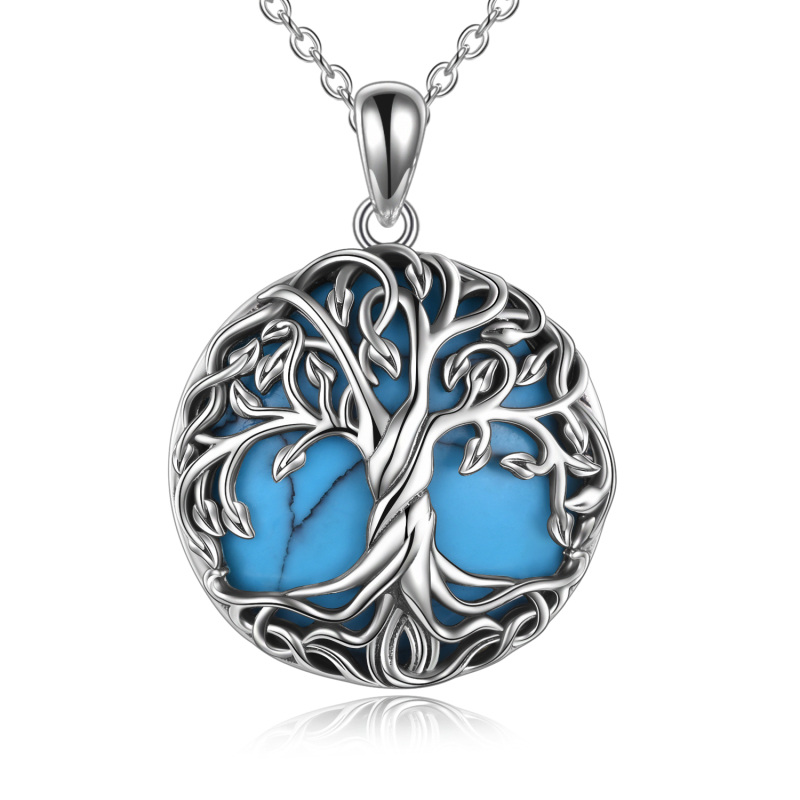 Sterling Silver Circular Shaped Turquoise Tree Of Life Pendant Necklace-20